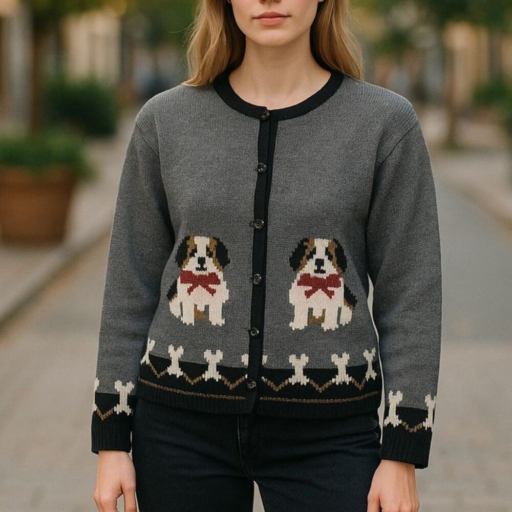 Vintage Tally Ho Dogs & Bones Gray Cardigan Sweater Black Bone Buttons Size Med